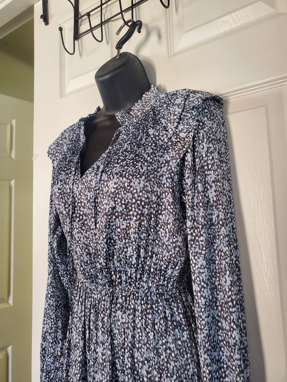 Bohemian Split Neck Tiered Mini Dress Floral Blue Ruffled Satin Preppy Fairy XS - Picture 3 of 11